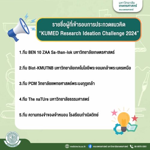 ประกาศรายชื่อทีมผู้ที่เข้ารอบการประกวดแนวคิด “KUMED Research Ideation Challenge 2024” ทางด้านเวชศาสตร์การเกษตรและชีวนวัตกรรม เนื่องในงานสถาปนาคณะแพทยศาสตร์ มหาวิทยาลัยเกษตรศาสตร์ จำนวน 5 ทีม